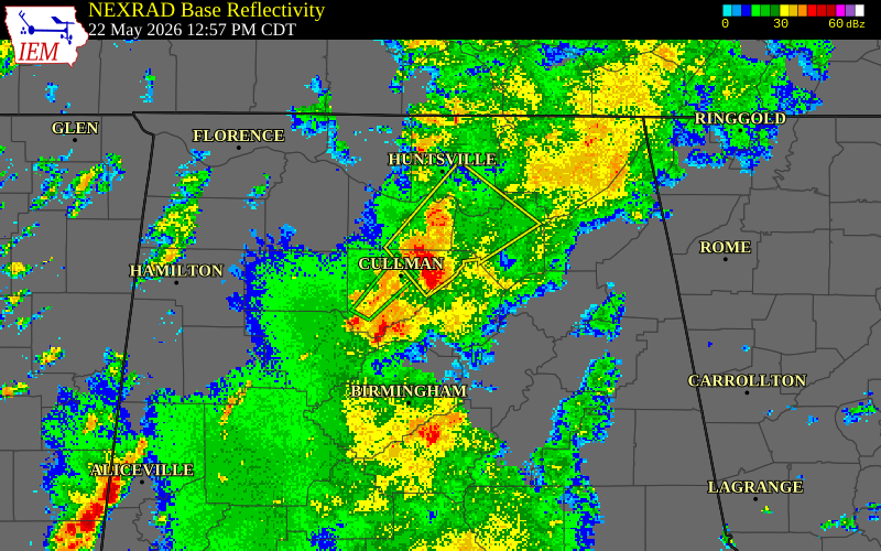 NEXRAD radar during the Friday, May 22, 2026 storm activity in Cullman County, Alabama