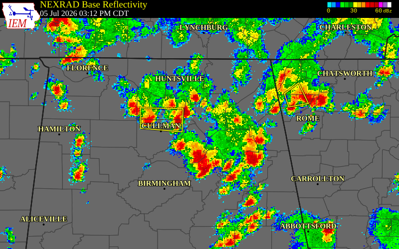 NEXRAD radar during the Sunday, July 5, 2026 storm activity in Cullman County, Alabama
