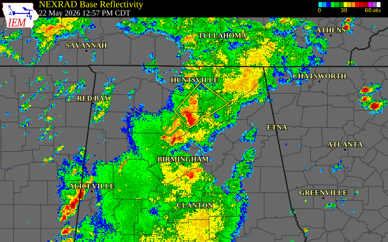 Radar snapshot during the May 22, 2026 tornado event near 2 WNW Holly Pond, Cullman County, Alabama, with NWS warning polygons