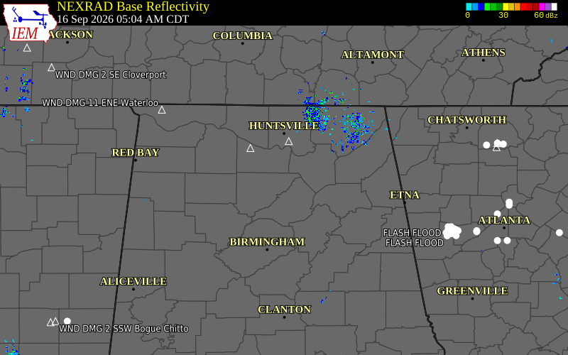 Current NEXRAD radar over Cullman County, Alabama with recent storm report locations