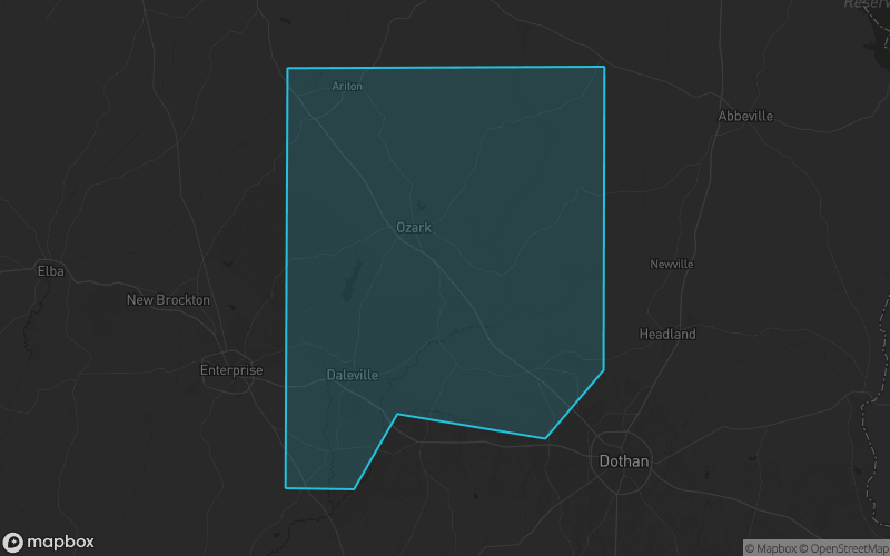 Map of Dale County, Alabama showing the county boundary and surrounding cities