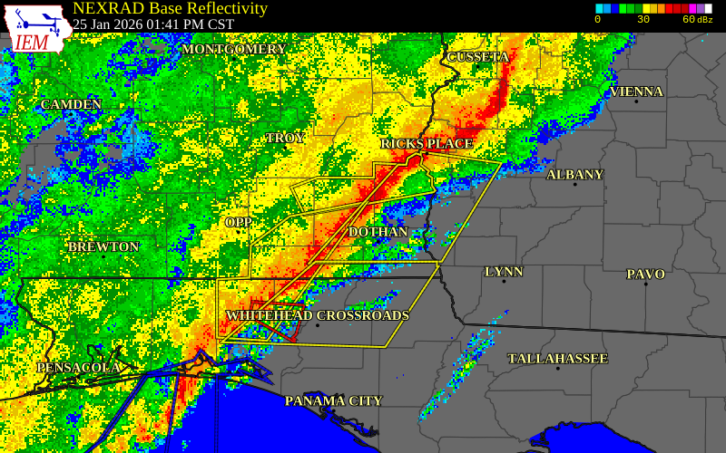 NEXRAD radar during the Sunday, January 25, 2026 storm activity in Dale County, Alabama