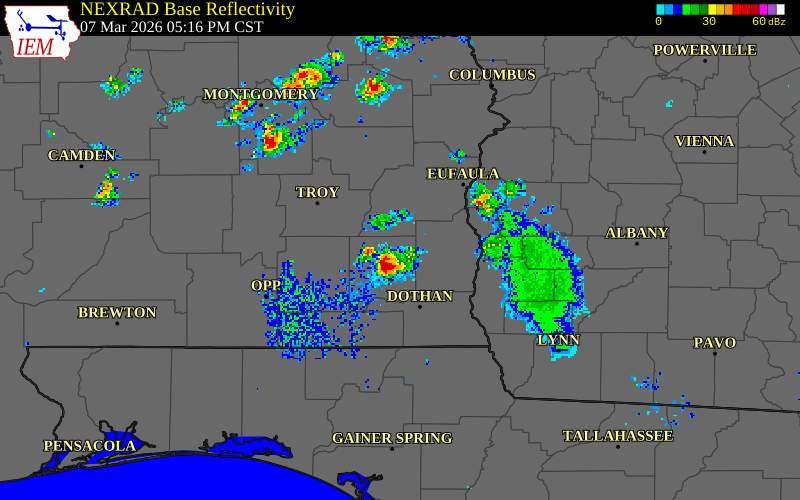 NEXRAD radar during the Saturday, March 7, 2026 storm activity in Dale County, Alabama