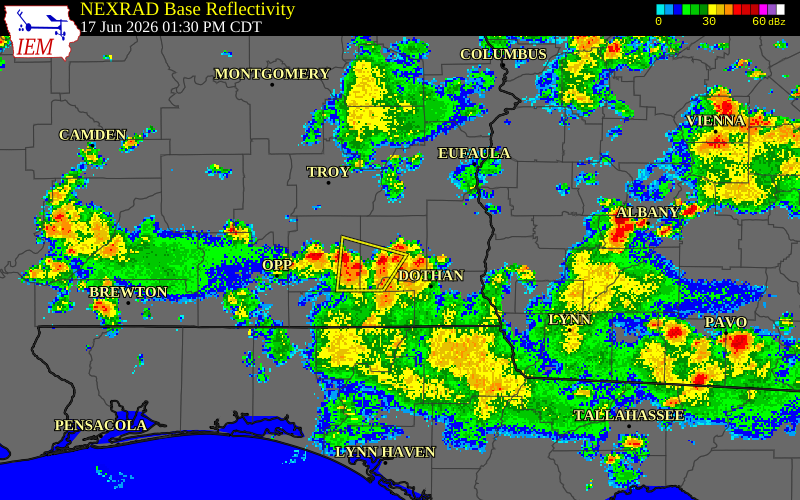 NEXRAD radar during the Wednesday, June 17, 2026 storm activity in Dale County, Alabama