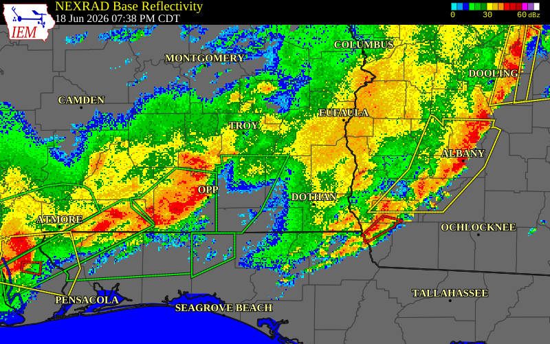NEXRAD radar during the Thursday, June 18, 2026 storm activity in Dale County, Alabama