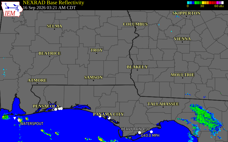 Current NEXRAD radar over Dale County, Alabama with recent storm report locations