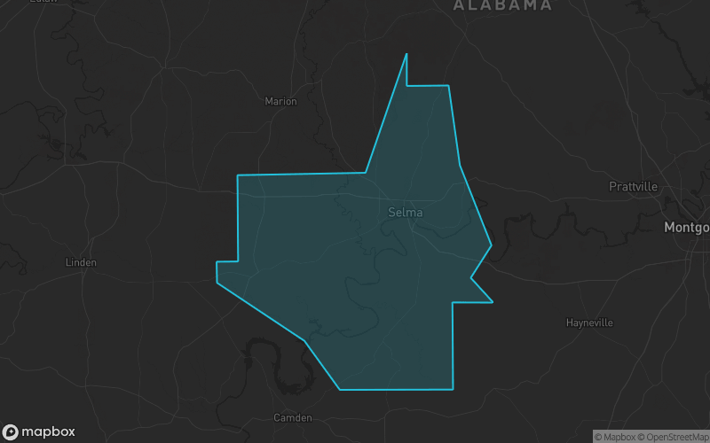 Map of Dallas County, Alabama showing the county boundary and surrounding cities