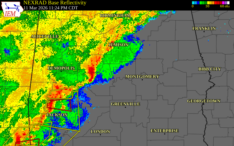 NEXRAD radar during the Wednesday, March 11, 2026 storm activity in Dallas County, Alabama