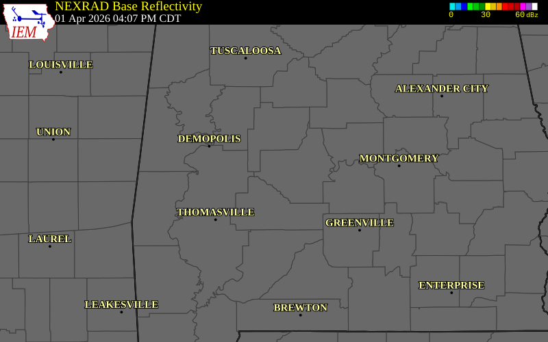 NEXRAD radar during the Wednesday, April 1, 2026 storm activity in Dallas County, Alabama