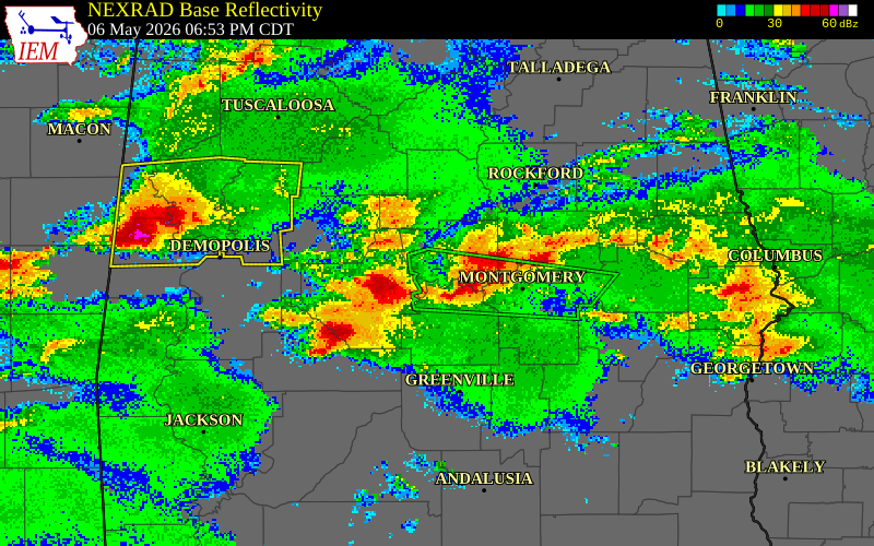 NEXRAD radar during the Wednesday, May 6, 2026 storm activity in Dallas County, Alabama