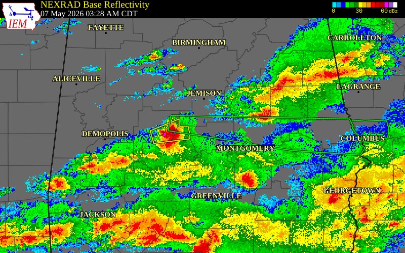 NEXRAD radar during the Thursday, May 7, 2026 storm activity in Dallas County, Alabama