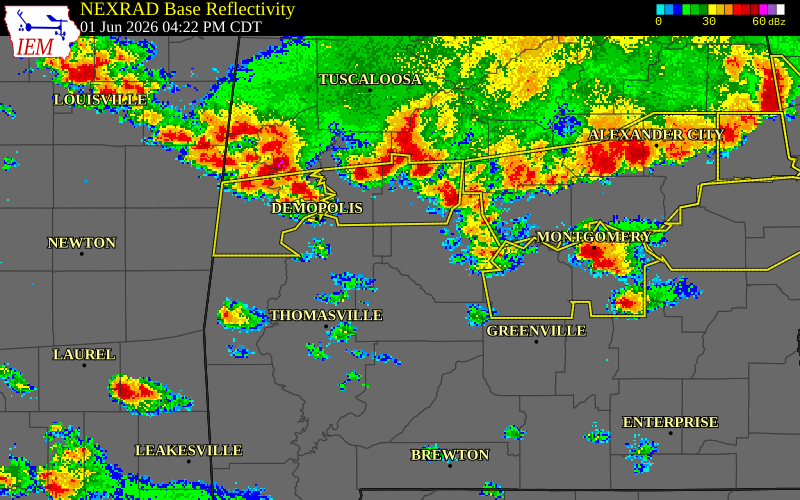NEXRAD radar during the Monday, June 1, 2026 storm activity in Dallas County, Alabama