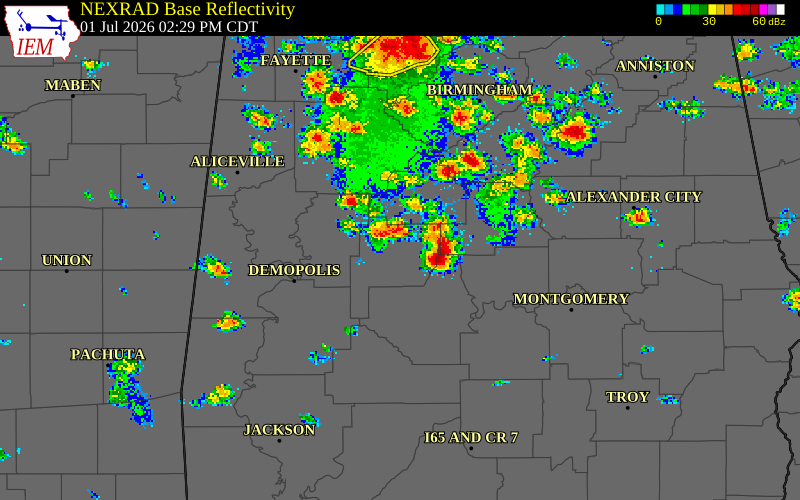 NEXRAD radar during the Wednesday, July 1, 2026 storm activity in Dallas County, Alabama