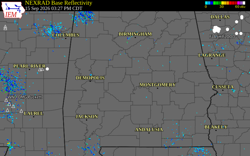 Current NEXRAD radar over Dallas County, Alabama with recent storm report locations