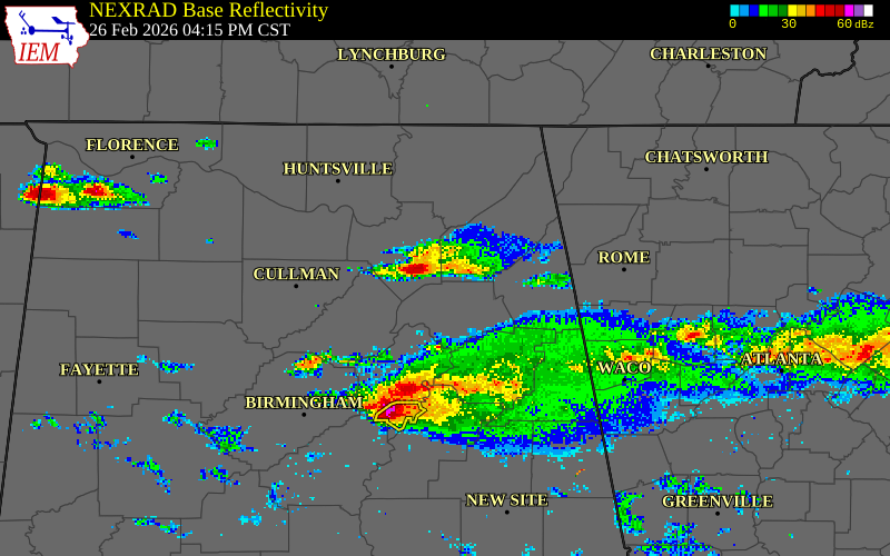 NEXRAD radar during the Thursday, February 26, 2026 storm activity in DeKalb County, Alabama