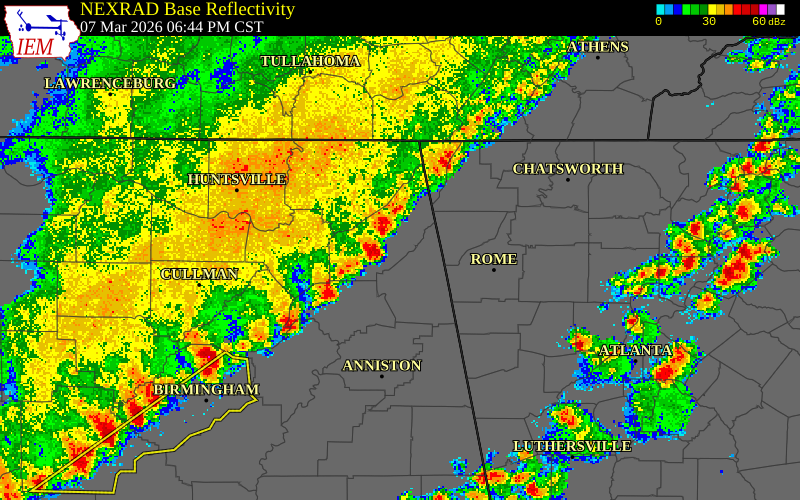 NEXRAD radar during the Saturday, March 7, 2026 storm activity in DeKalb County, Alabama