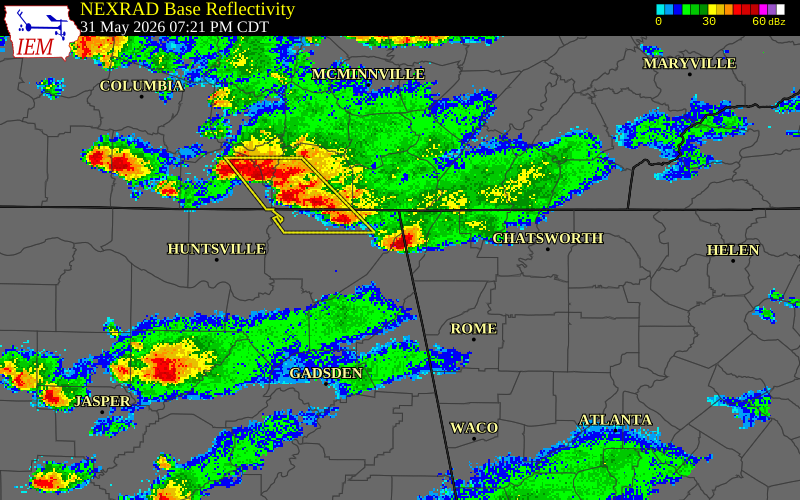 NEXRAD radar during the Sunday, May 31, 2026 storm activity in DeKalb County, Alabama