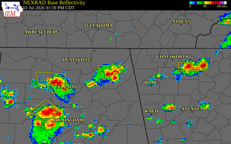NEXRAD radar during the Wednesday, July 1, 2026 storm activity in DeKalb County, Alabama