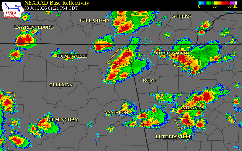 NEXRAD radar during the Friday, July 3, 2026 storm activity in DeKalb County, Alabama