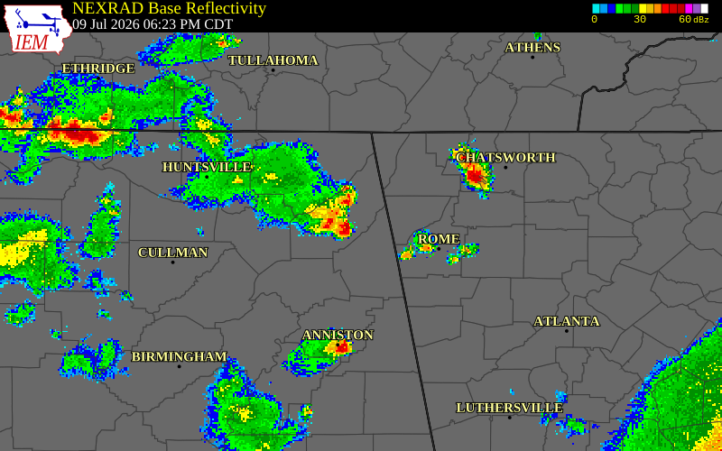NEXRAD radar during the Thursday, July 9, 2026 storm activity in DeKalb County, Alabama