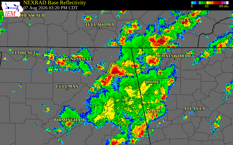 NEXRAD radar during the Friday, August 7, 2026 storm activity in DeKalb County, Alabama