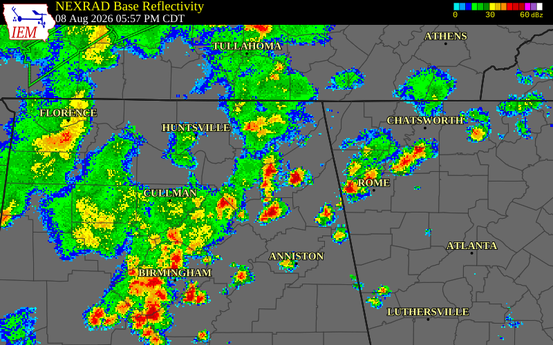NEXRAD radar during the Saturday, August 8, 2026 storm activity in DeKalb County, Alabama