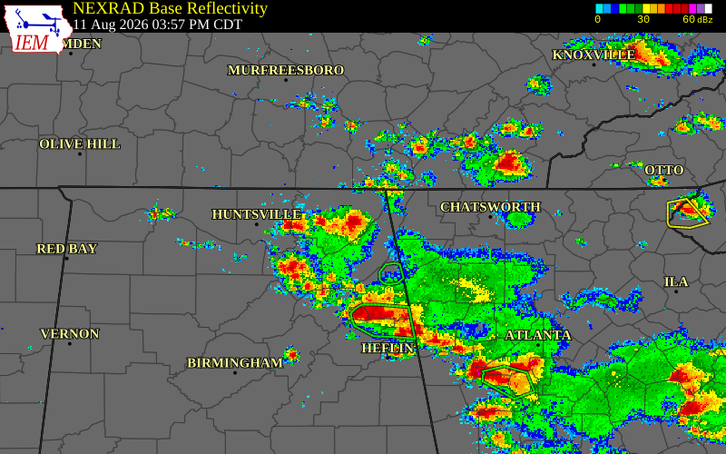 Radar snapshot during the Aug 11, 2026 wind event near DeKalb County, DeKalb County, Alabama, with NWS warning polygons
