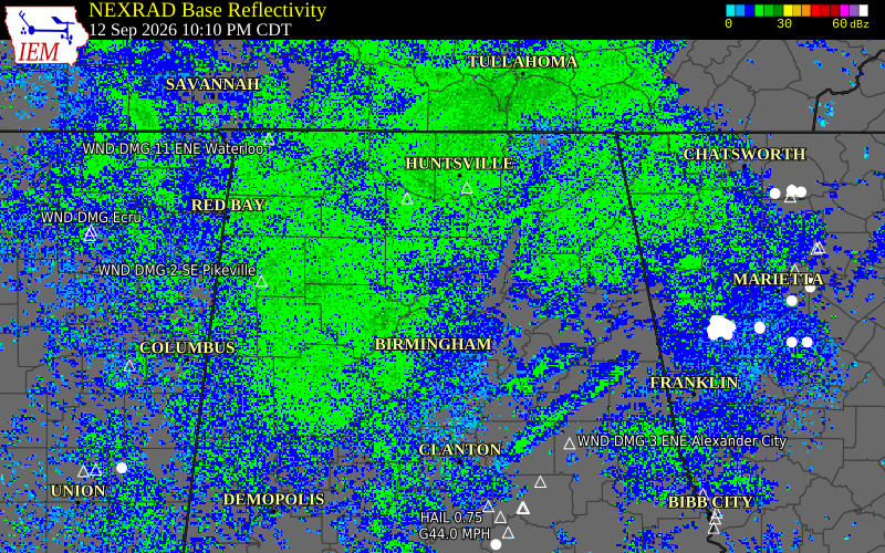 Current NEXRAD radar over DeKalb County, Alabama with recent storm report locations