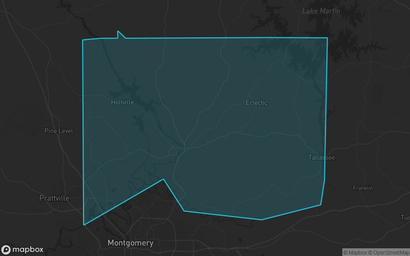 Map of Elmore County, Alabama showing the county boundary and surrounding cities