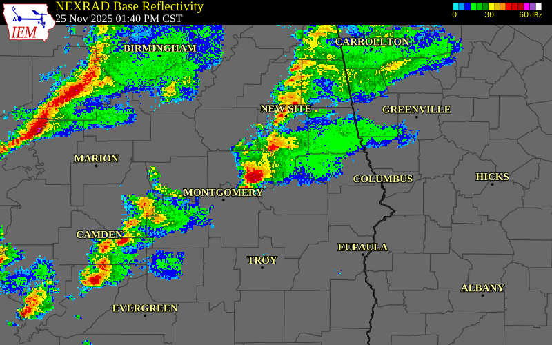 NEXRAD radar during the Tuesday, November 25, 2025 storm activity in Elmore County, Alabama