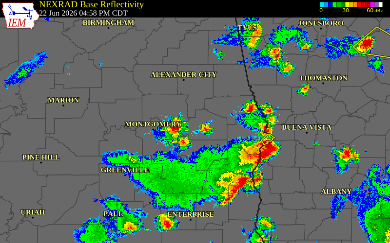NEXRAD radar during the Monday, June 22, 2026 storm activity in Elmore County, Alabama