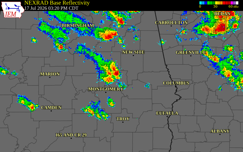 NEXRAD radar during the Friday, July 17, 2026 storm activity in Elmore County, Alabama