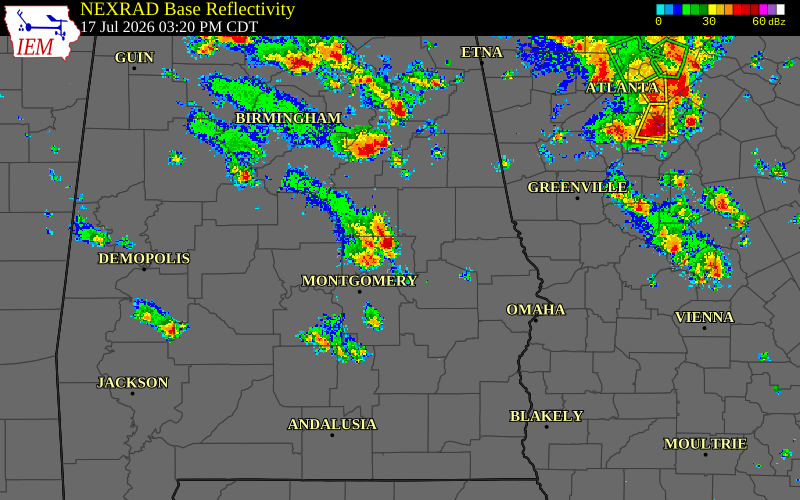 Radar snapshot during the Jul 17, 2026 wind event near Elmore County, Elmore County, Alabama, with NWS warning polygons