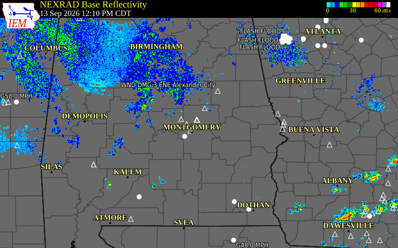 Current NEXRAD radar over Elmore County, Alabama with recent storm report locations