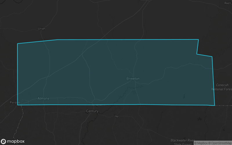 Map of Escambia County, Alabama showing the county boundary and surrounding cities