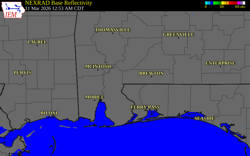 NEXRAD radar during the Wednesday, March 11, 2026 storm activity in Escambia County, Alabama