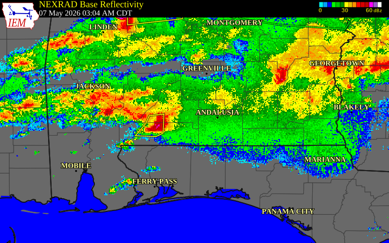 NEXRAD radar during the Thursday, May 7, 2026 storm activity in Escambia County, Alabama