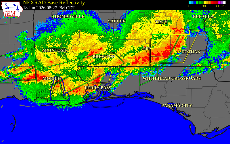 NEXRAD radar during the Thursday, June 18, 2026 storm activity in Escambia County, Alabama