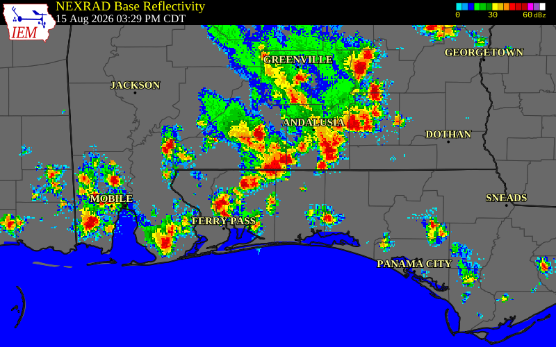 NEXRAD radar during the Saturday, August 15, 2026 storm activity in Escambia County, Alabama