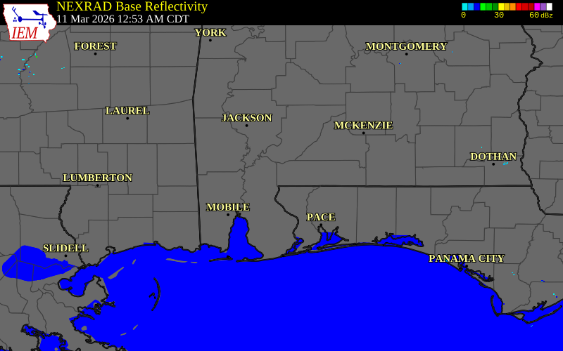 Radar snapshot during the Mar 11, 2026 tornado event near 2 WSW Poarch, Escambia County, Alabama, with NWS warning polygons