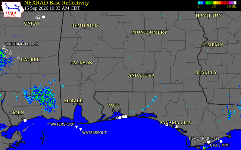 Current NEXRAD radar over Escambia County, Alabama with recent storm report locations