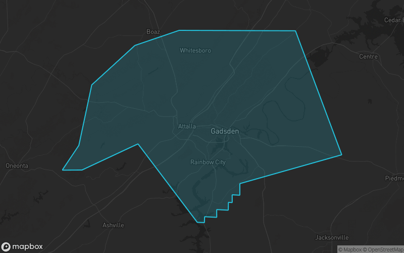 Map of Etowah County, Alabama showing the county boundary and surrounding cities