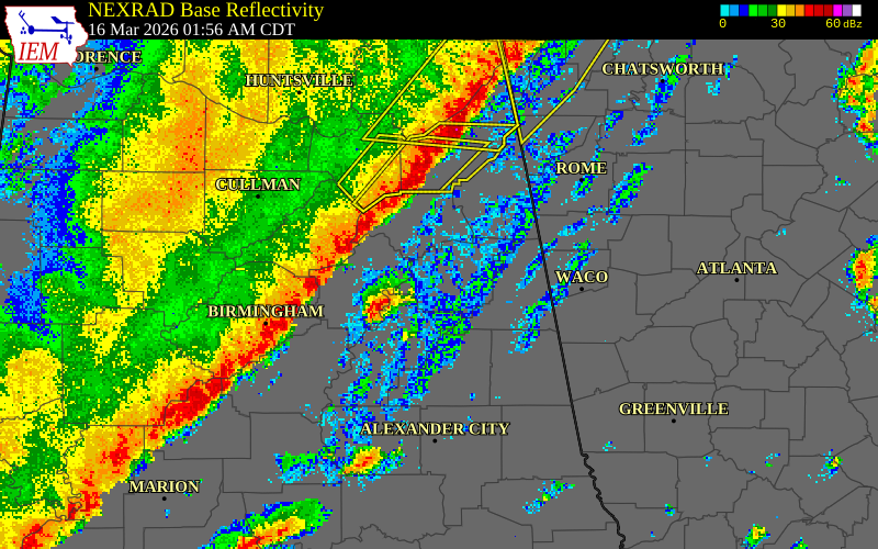 NEXRAD radar during the Monday, March 16, 2026 storm activity in Etowah County, Alabama