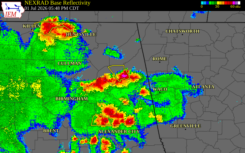 NEXRAD radar during the Wednesday, July 1, 2026 storm activity in Etowah County, Alabama