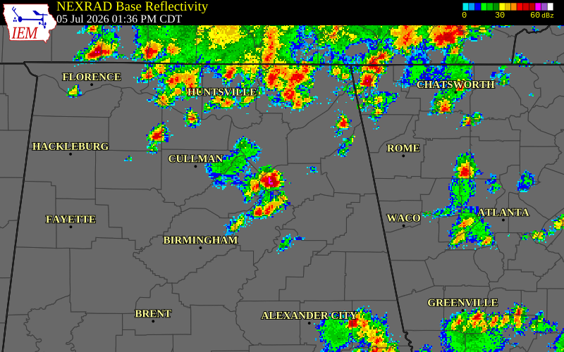 NEXRAD radar during the Sunday, July 5, 2026 storm activity in Etowah County, Alabama