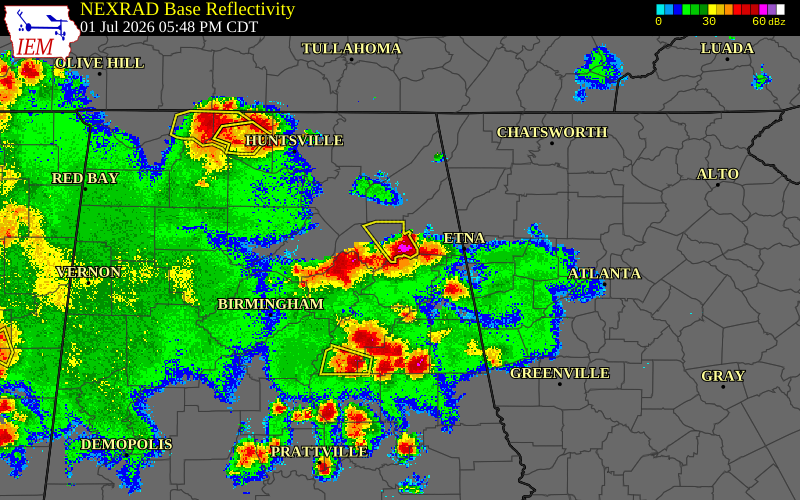 Radar snapshot during the Jul 1, 2026 hail event near Hokes Bluff, Etowah County, Alabama, with NWS warning polygons