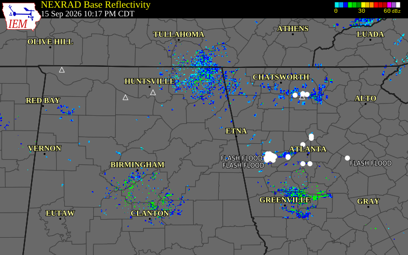 Current NEXRAD radar over Etowah County, Alabama with recent storm report locations