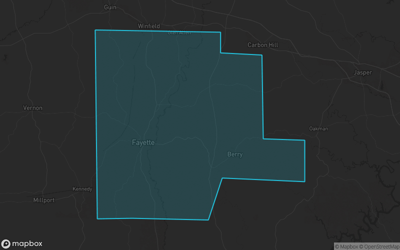Map of Fayette County, Alabama showing the county boundary and surrounding cities