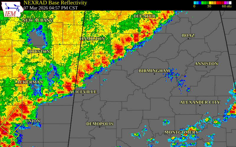 NEXRAD radar during the Saturday, March 7, 2026 storm activity in Fayette County, Alabama
