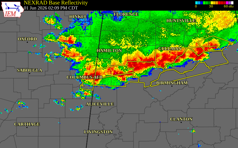 NEXRAD radar during the Monday, June 1, 2026 storm activity in Fayette County, Alabama